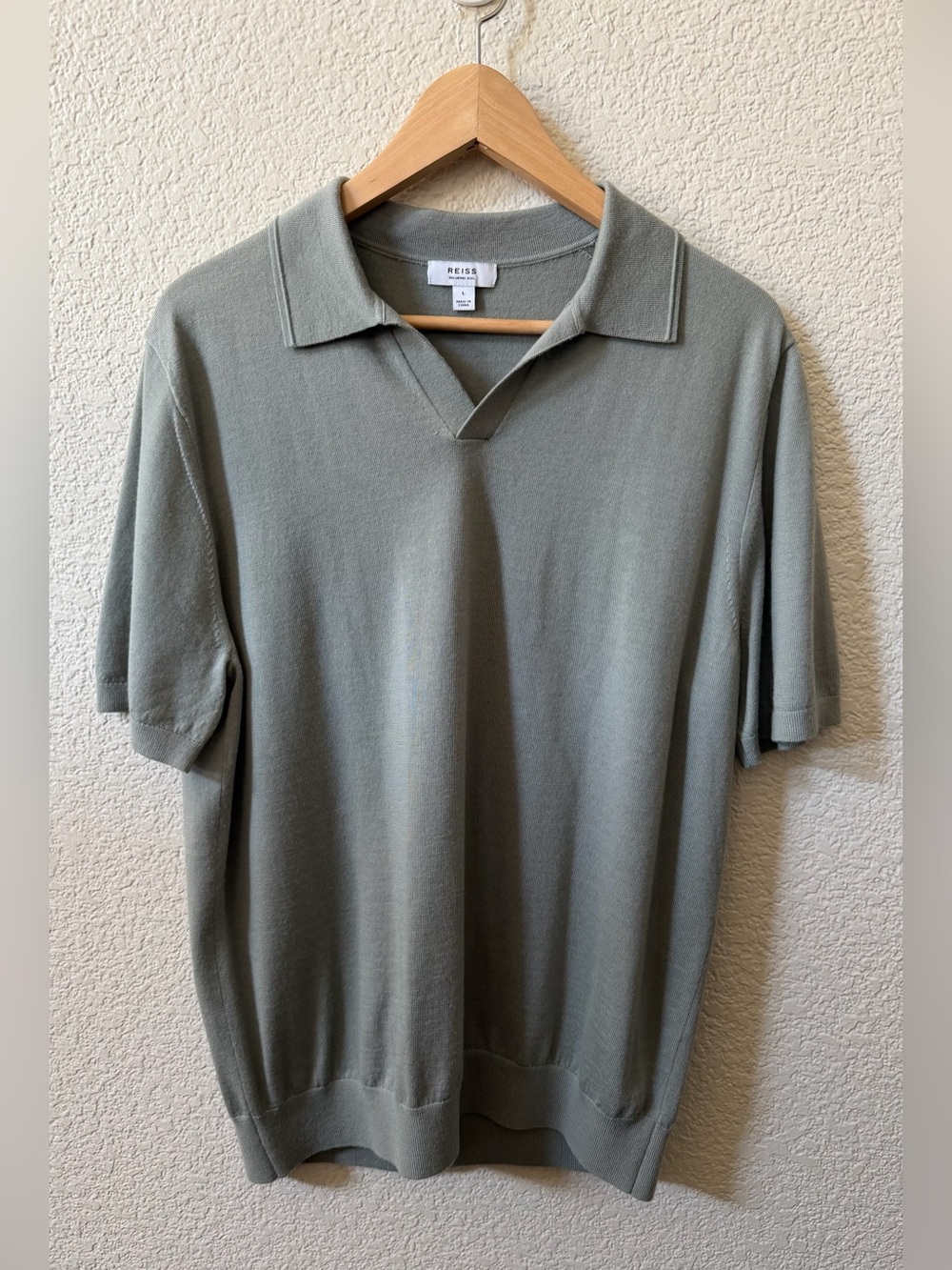 Reiss Men's Large Duchie Short Sleeve Open Collar Merino Polo Shirt Sage Green